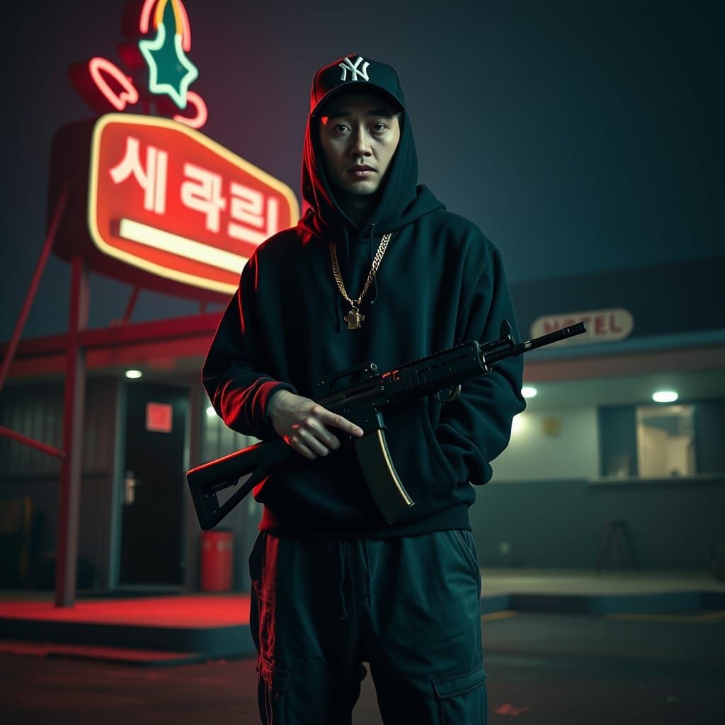Korean Mobster with Rifle in Gritty Cinematic Style