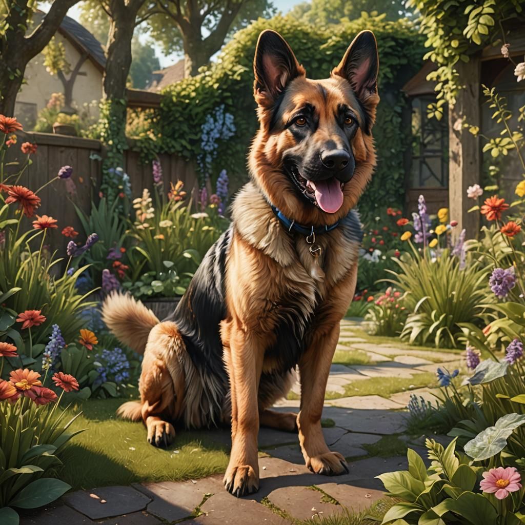 Happy German Shepherd Dog in Summer Garden