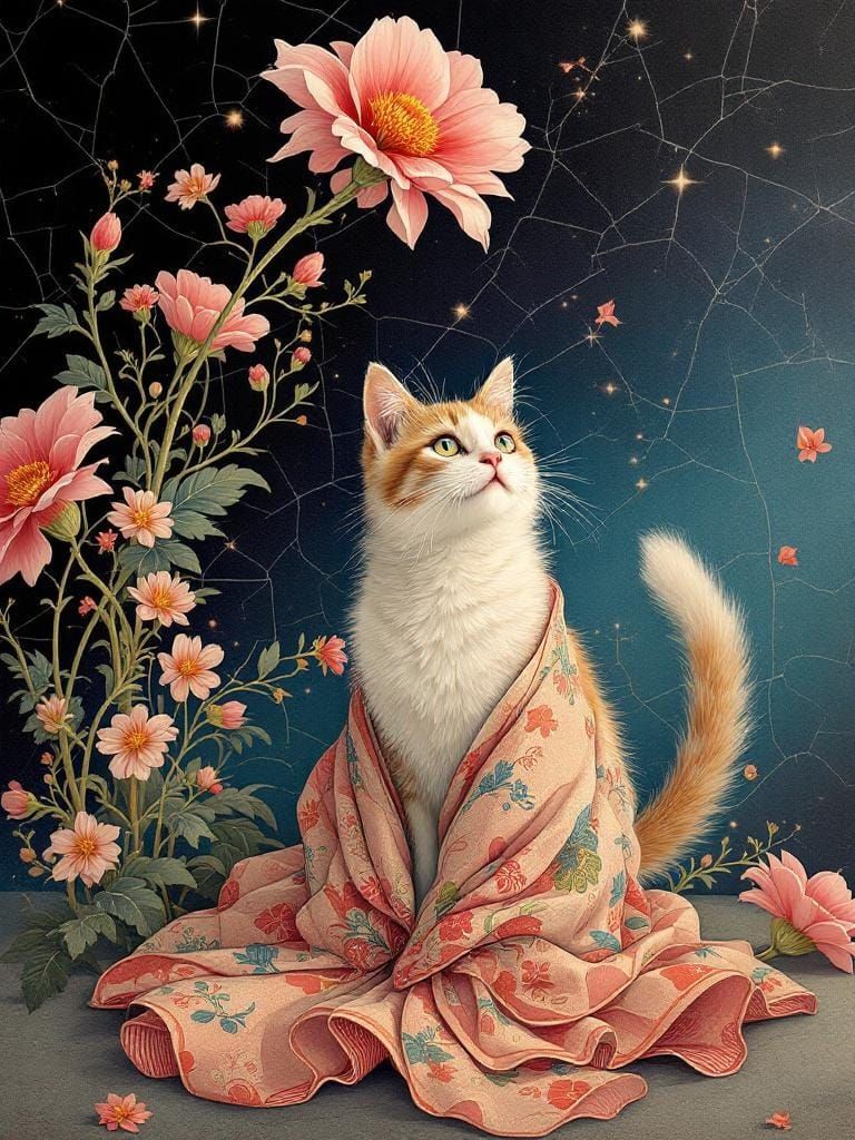 Cat and Flower in Ukiyo-e Style