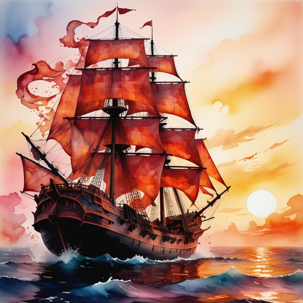Flying Dutchman Emerges from Watercolor Dreamscape