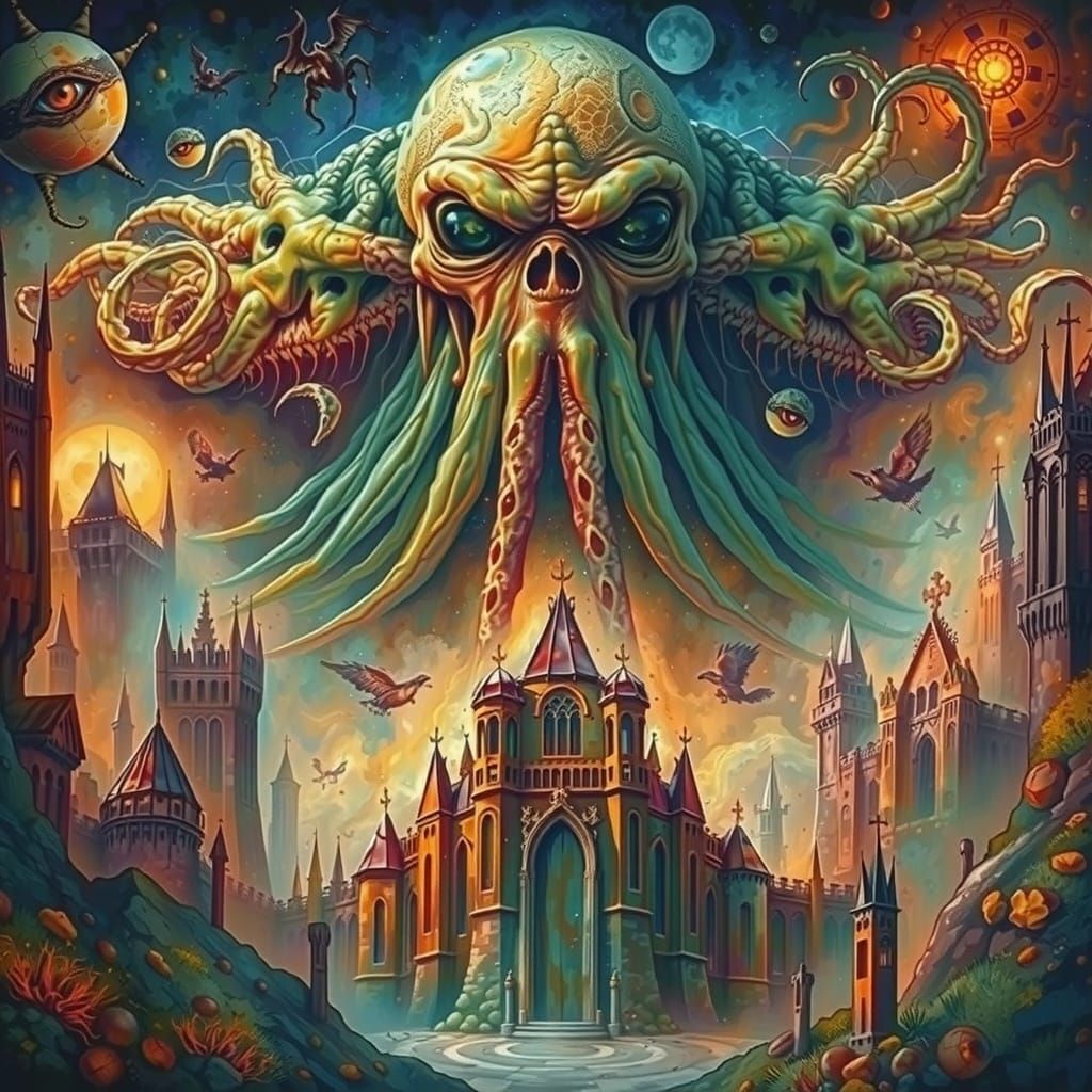 Squid Monster Overlooks Ruined Castle in Dark Gothic Style