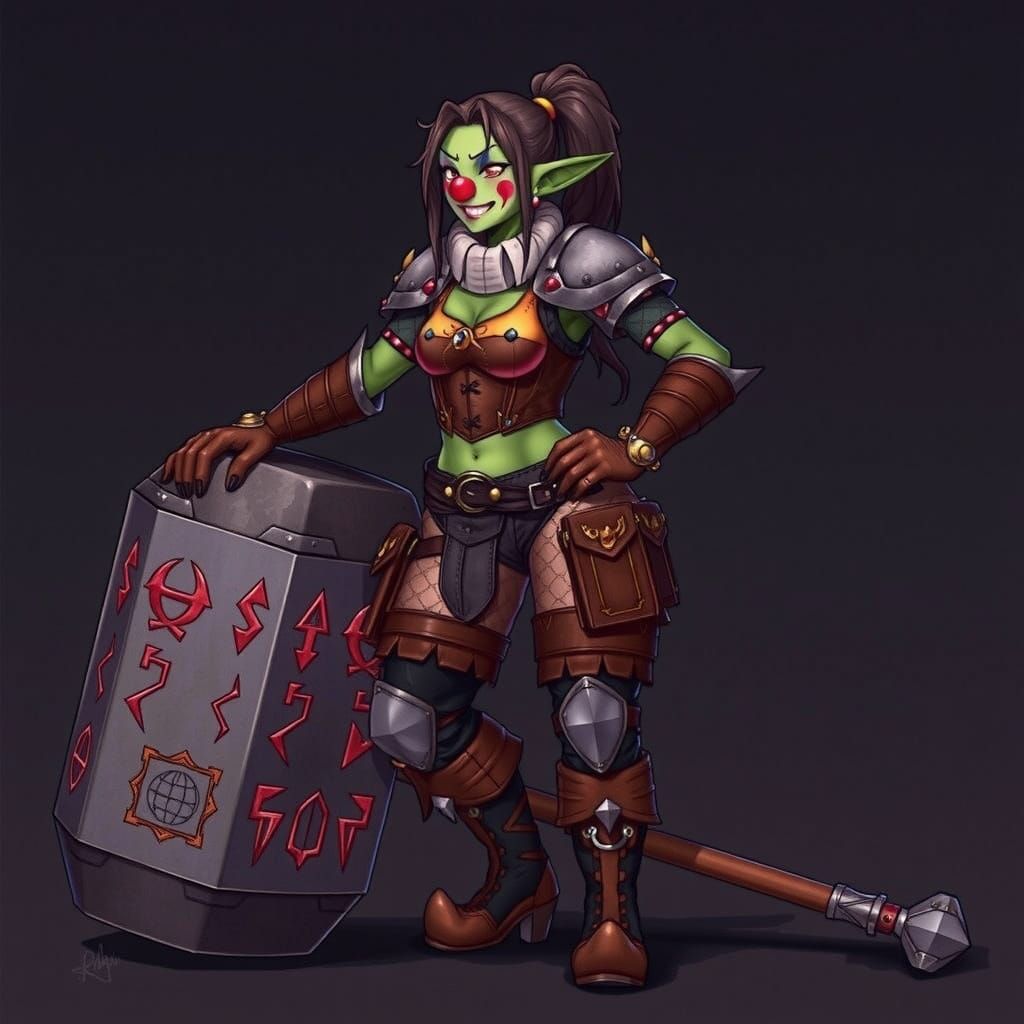 Goblin Woman in Anime JRPG Style with Clown Makeup and Magic...