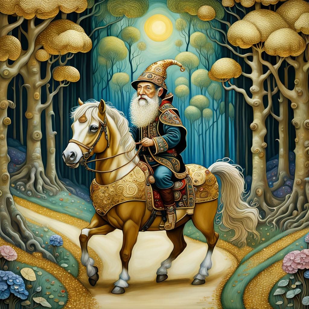 Gnome riding on a pony heading to the village
