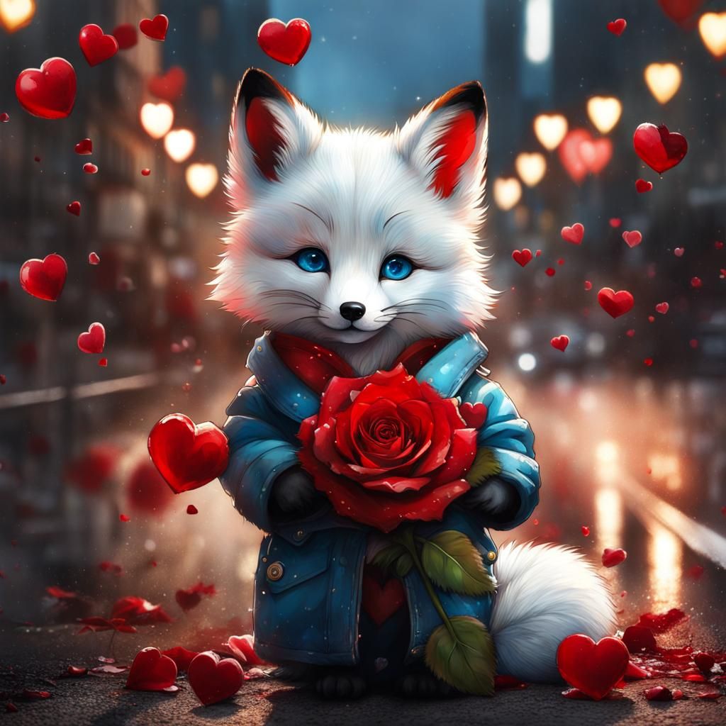 Adorable Blue-Eyed Fox with Rose in City