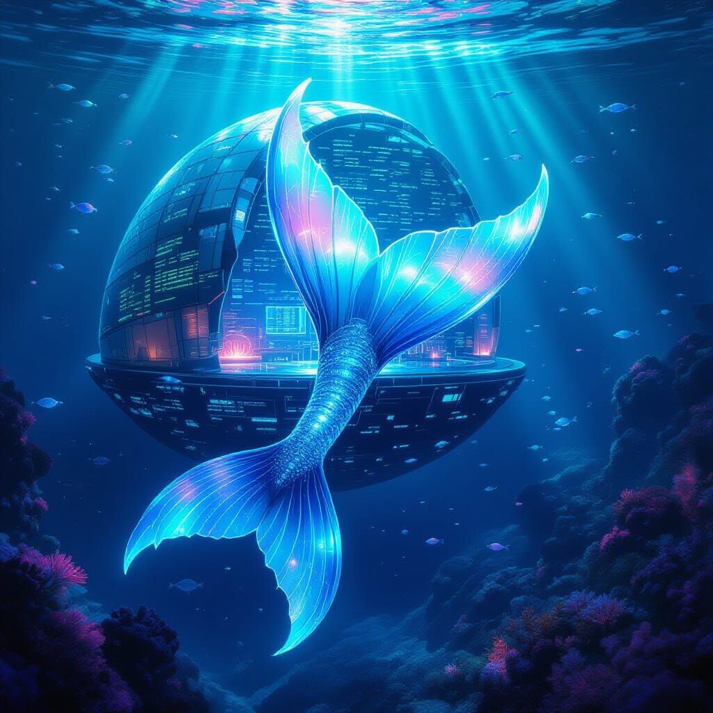 Bioluminescent Mermaid Tail Data Port in Deep Ocean