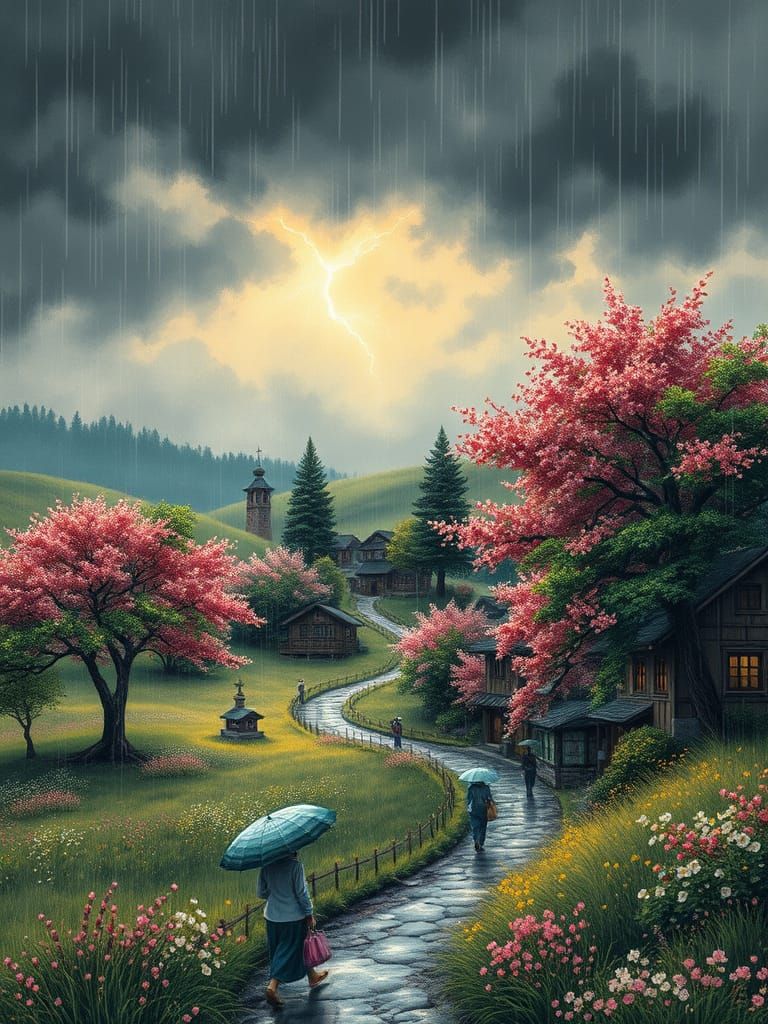 Village in Serene Rainy Meadow