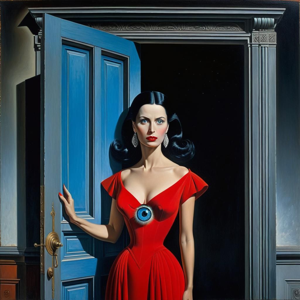 Elegant Woman in Doorway: A Surreal Oil Painting