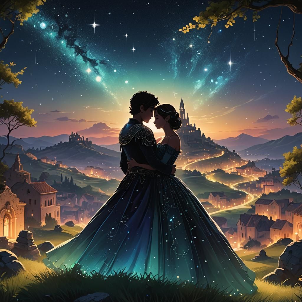 Fantasy Embrace: Silhouettes in a Night Landscape