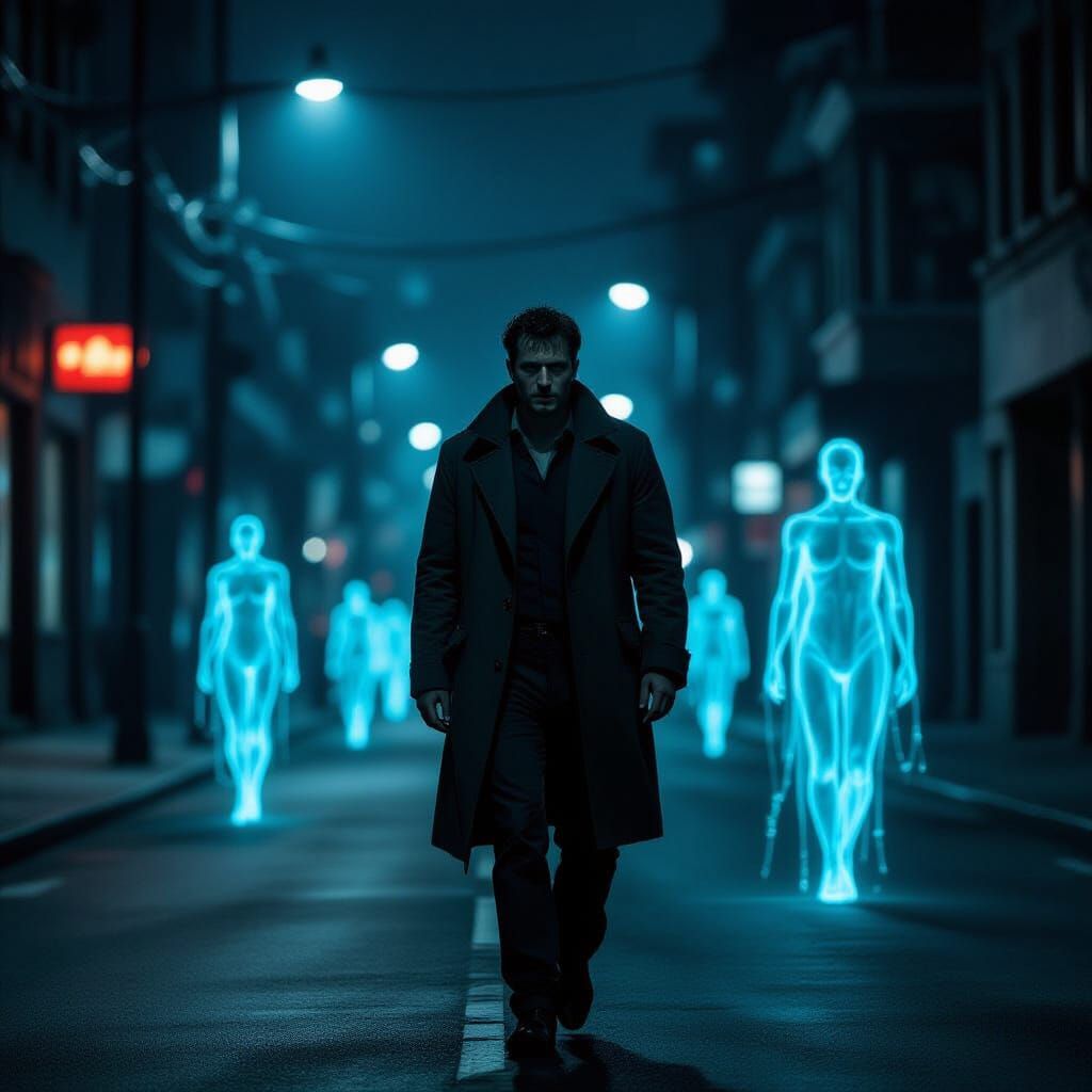 Man in Dystopian Noir Streetscape with Ghostly Figures