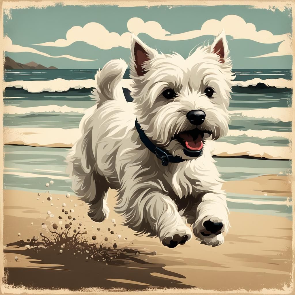 Westie Dog Running on Beach: Vintage Postcard Style