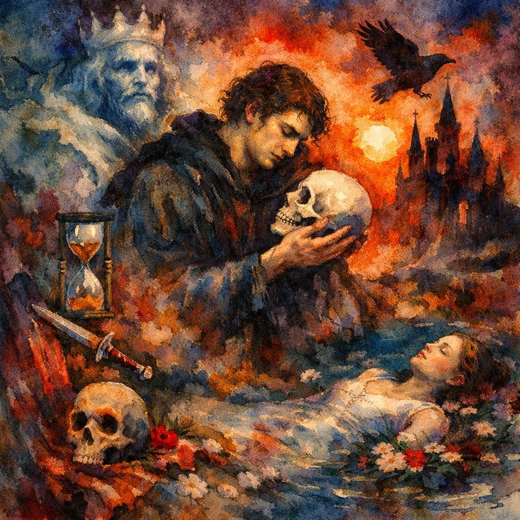 Hamlet in Tragic Surrealism and Watercolor Style