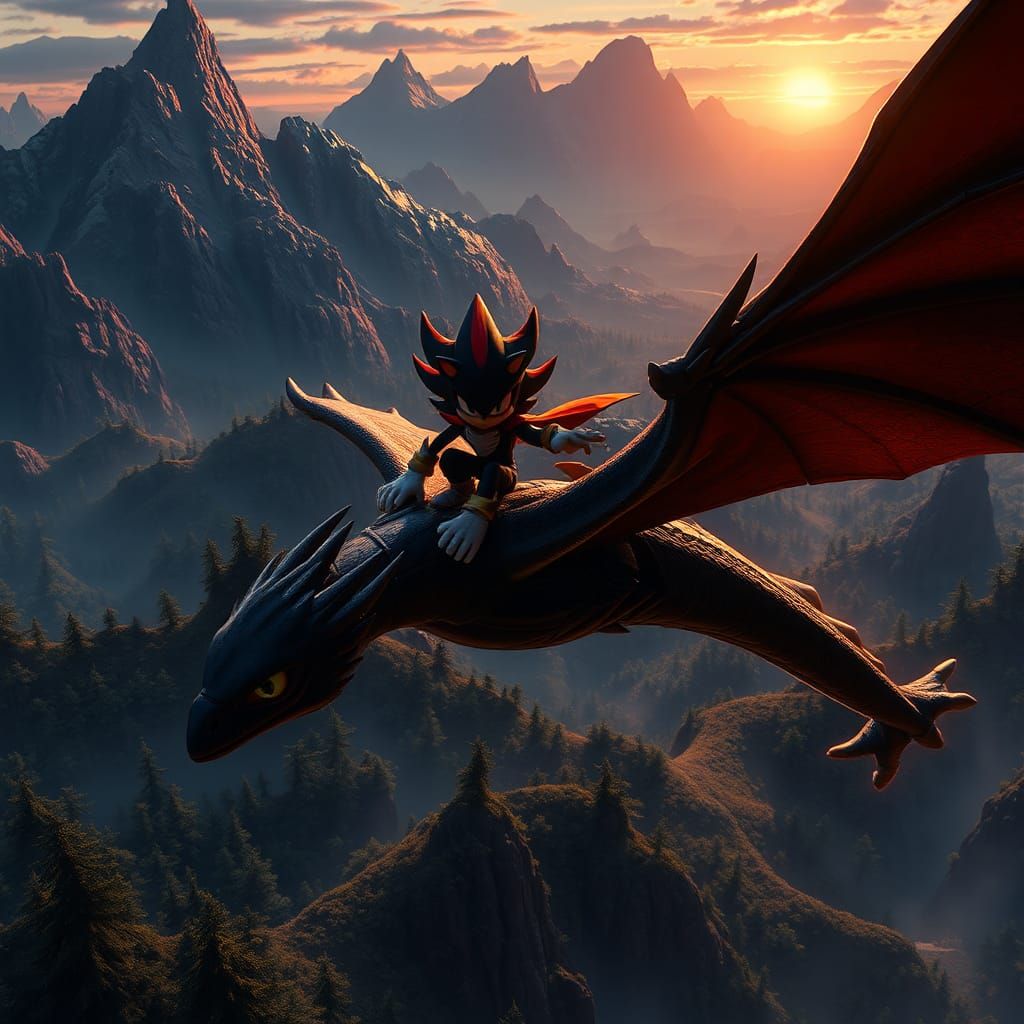 Shadow the Hedgehog Riding Toothless in Fantasy Realm