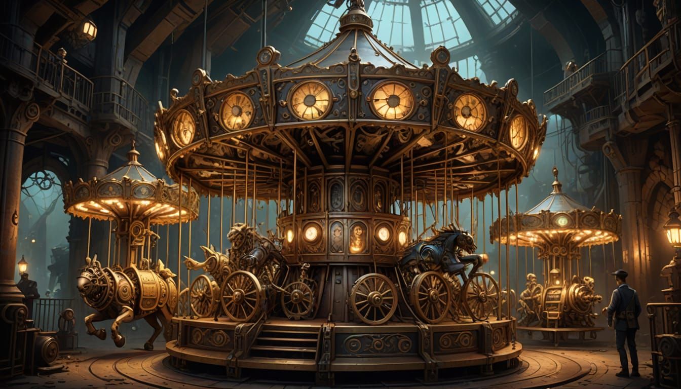 Steampunk Clockwork Carousel in Crystal Cavern