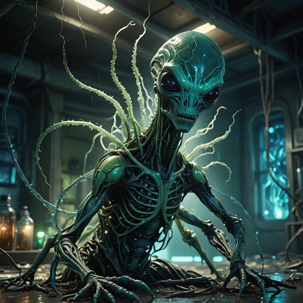 Alien Birth in Abandoned Lab: Surreal Hyperrealism