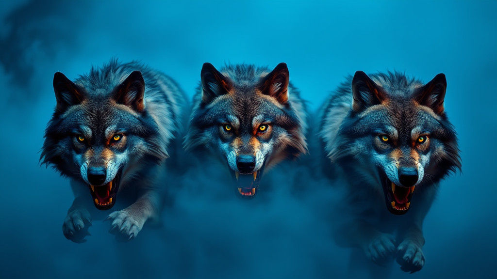 Ferocious Wolves Emerging from Blue Mist