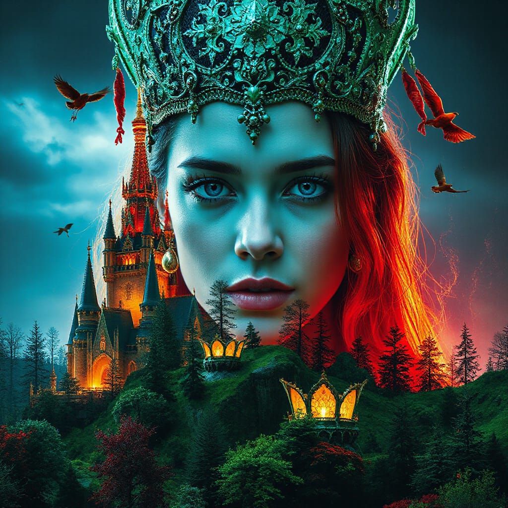 Double exposure portrait of a insanely majestic Queen with c...