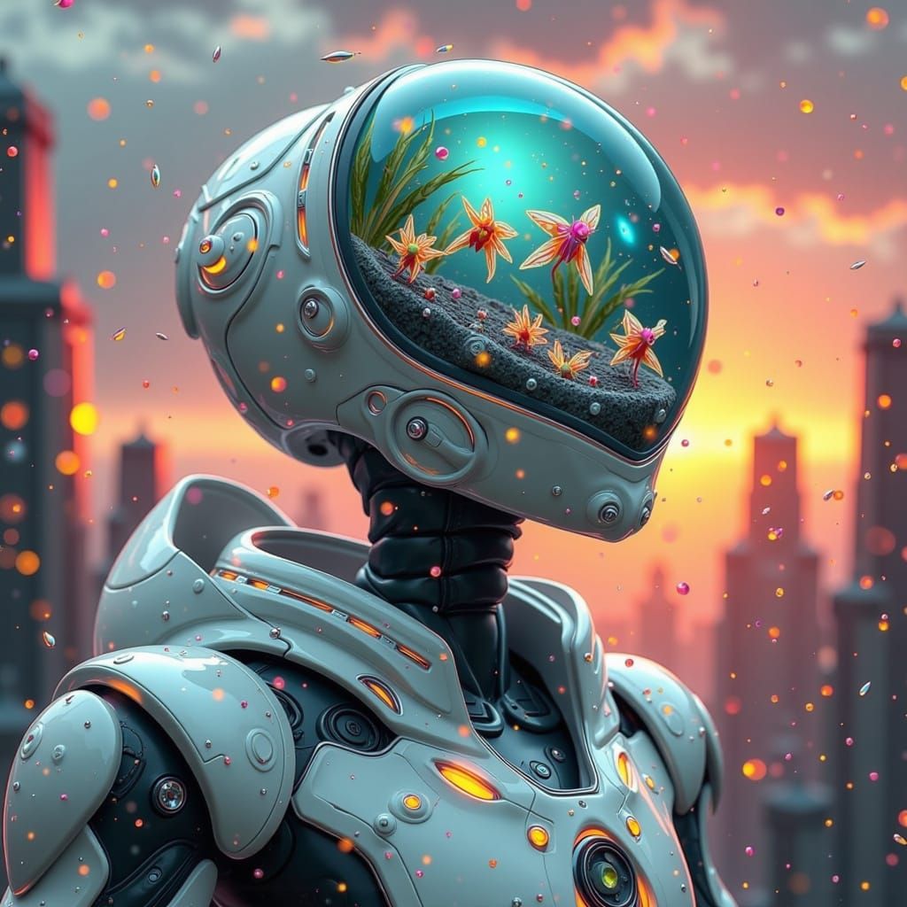 Futuristic Robot with Glass Head and Ocean Ecosystem