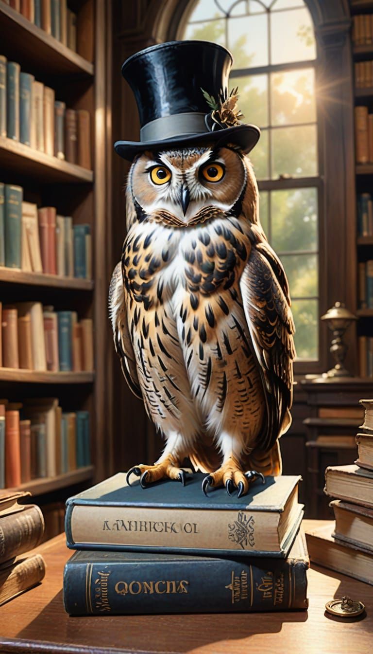 Owl in Top Hat in Cozy Library, Watercolor Style