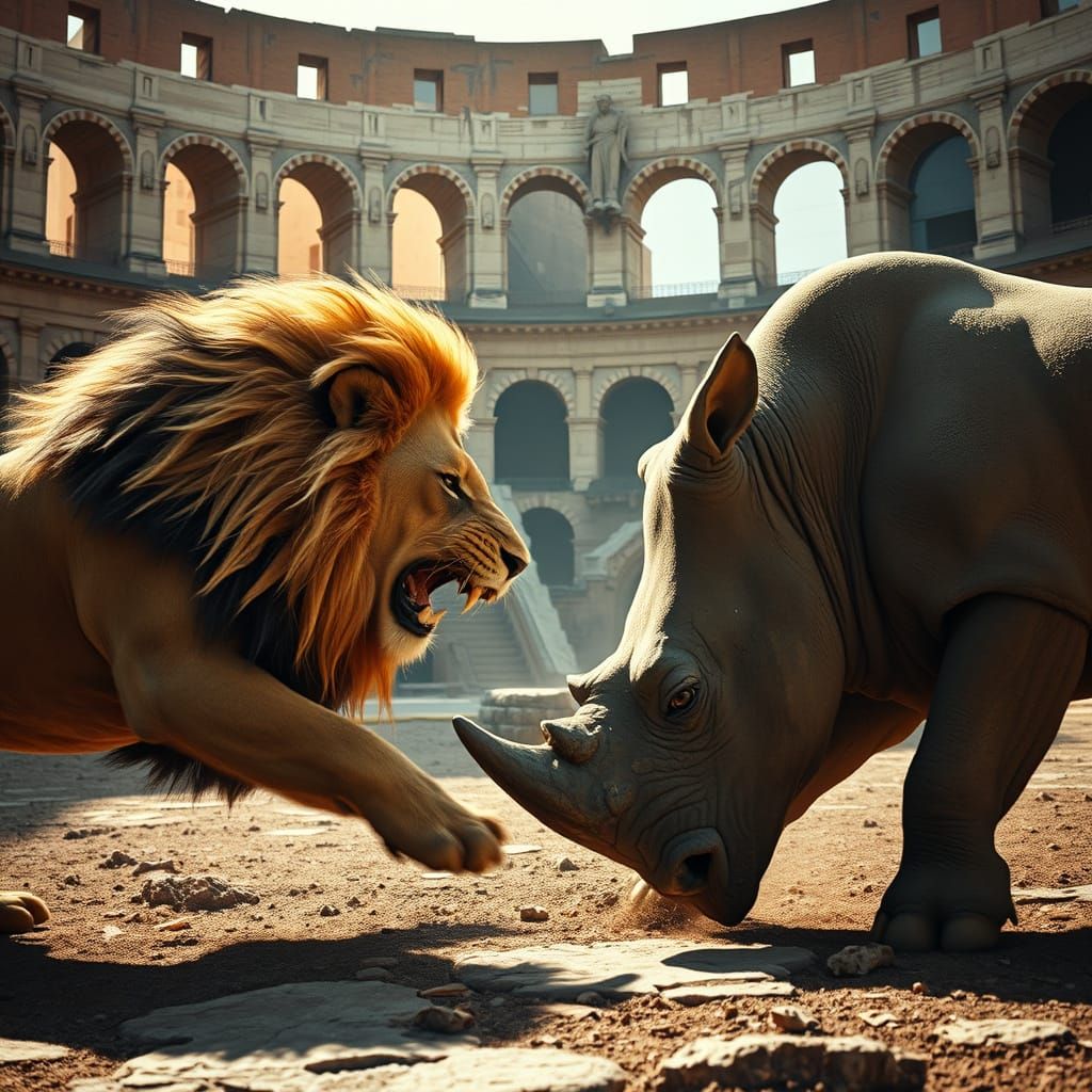 Majestic Lion vs Fierce Rhinoceros in Ancient Colosseum