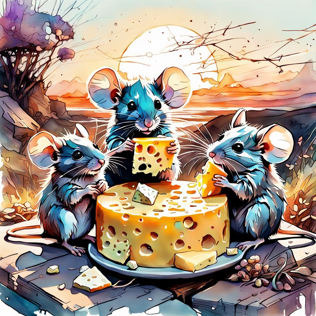 Chibi Mice Family's Cheese Feast at Sunset