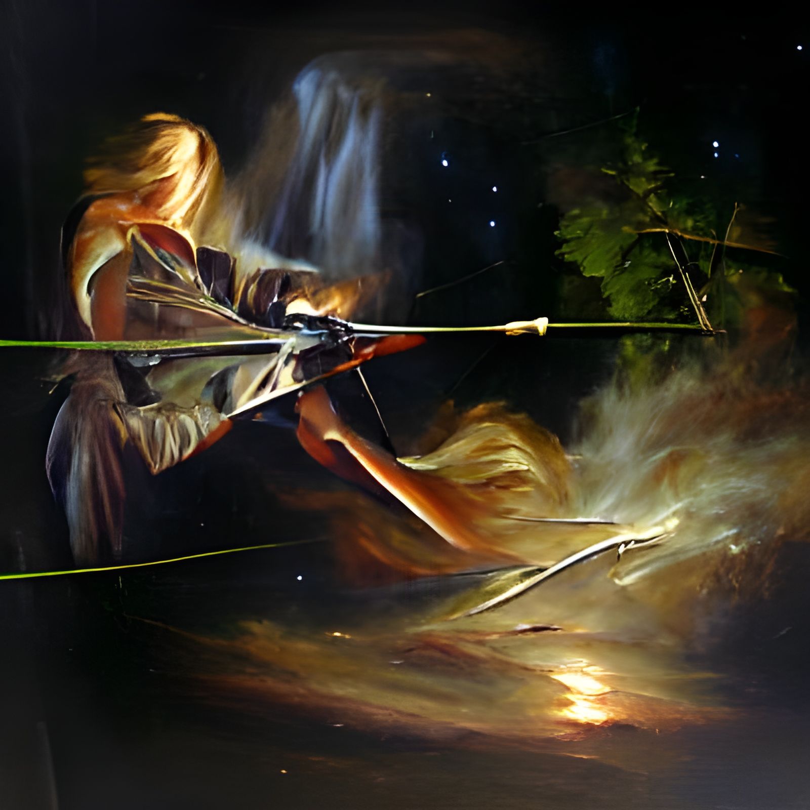 Flaming Arrow: Female Archer in Forest, Oil Painting