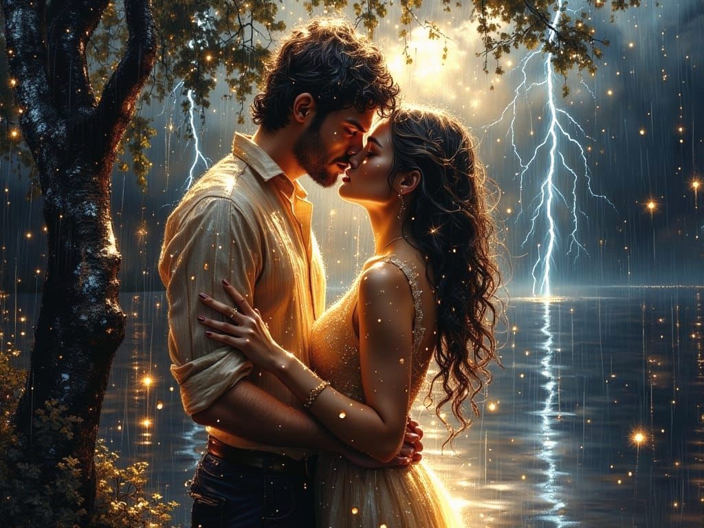 Couple Kissing in Midnight Summer Storm Oil Painting