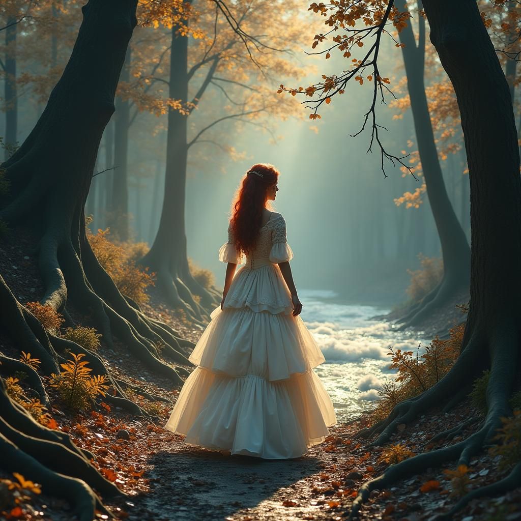 Victorian Woman in Flooded Forest, Hyper-Realistic Art