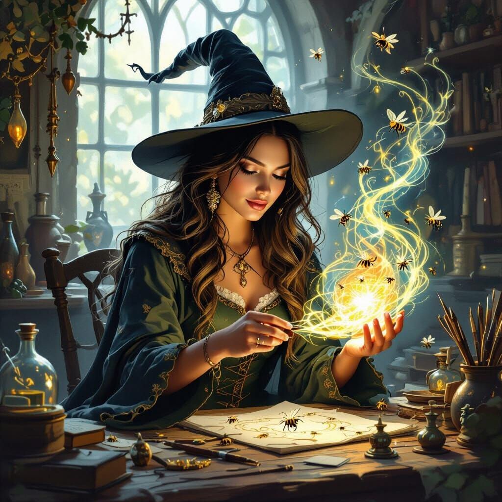 Enchanted Witch in Art Studio, Dramatic Light, Oil Painting ...