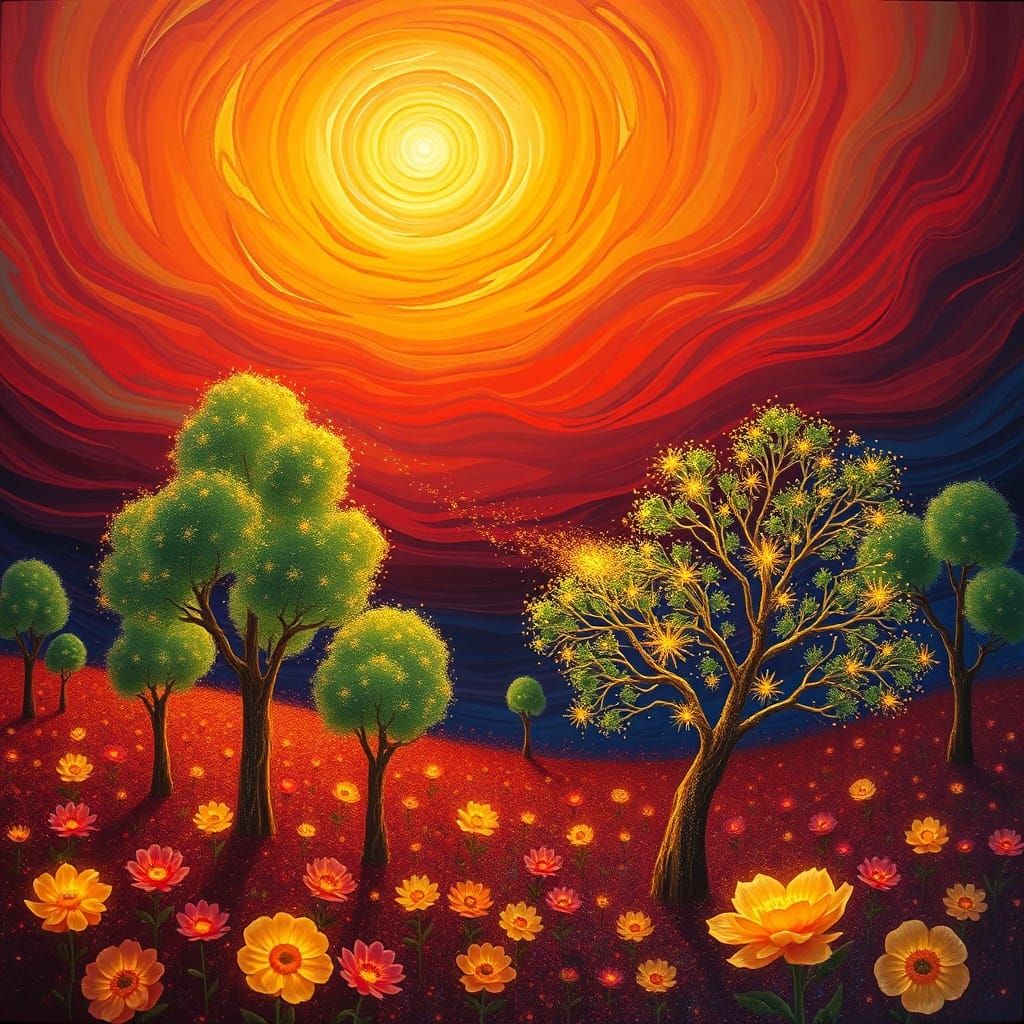 Fantastical Dreamscape with Radiant Sky and Glowing Flora