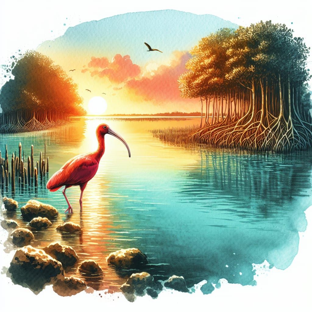 Watercolor Mangrove Swamps at Amazon Estuary