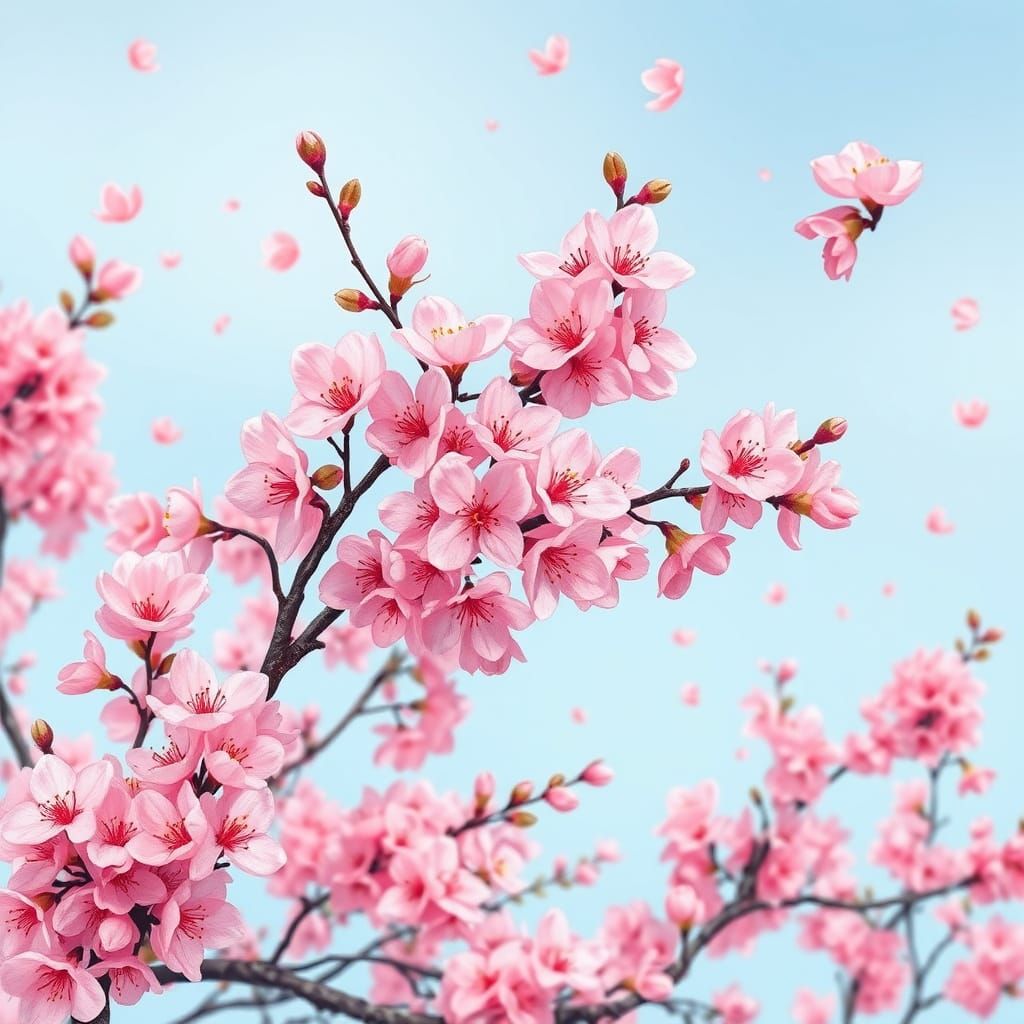 Vibrant Cherry Blossom Dreamscape in Whimsical Hand-Drawn St...