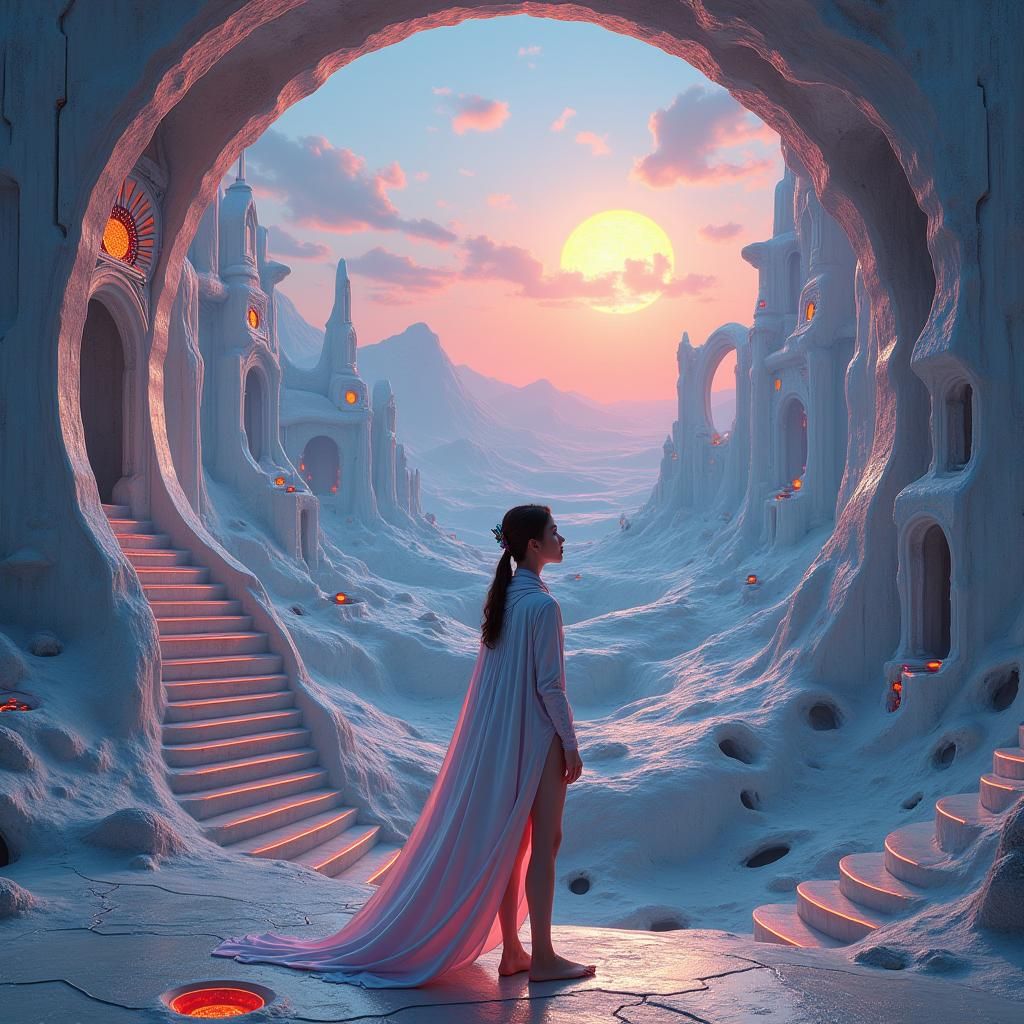 Woman on Alien Planet with Impossible Geometry