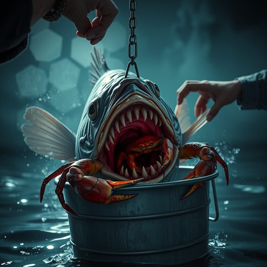 Epic Cinematic Scene of an Angry Fish in a Metal Bucket