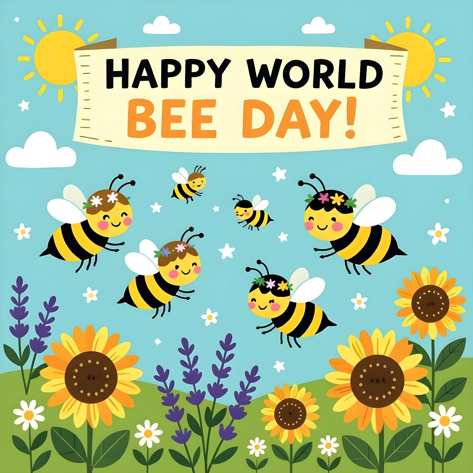 Happy World Bee Day Illustration with Smiling Bees