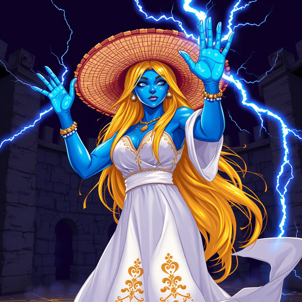 Blue-Skinned Woman Conjures Lightning in Pixel Art