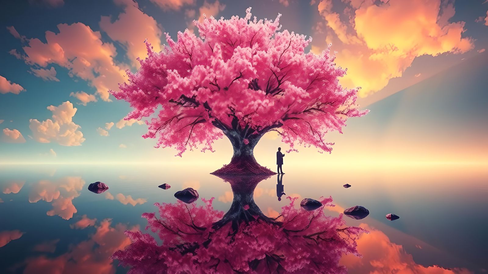 Neon Cherry Blossom Tree in Mirrored Room