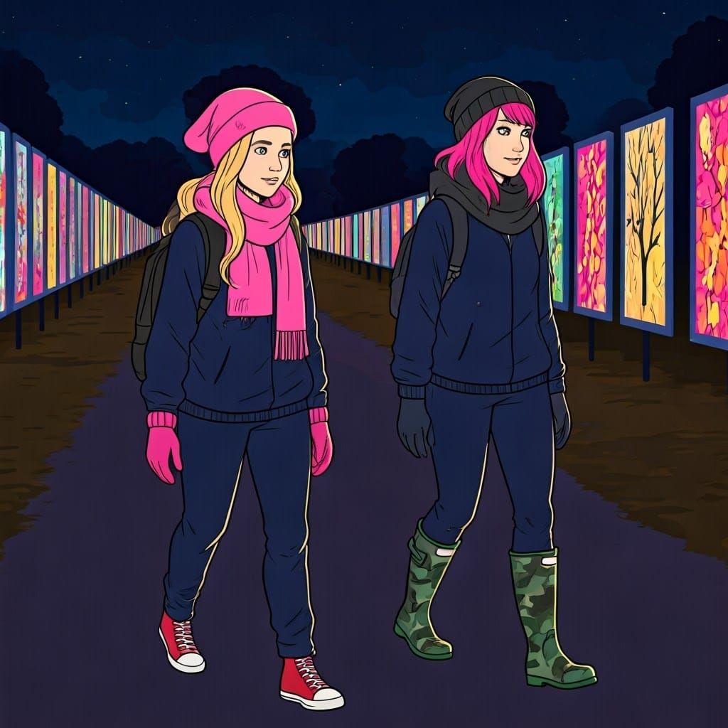 Girls Explore Illuminated Art Gallery in Autumn