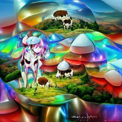 Quartz Cow on Mushroom Planet in Anime Style