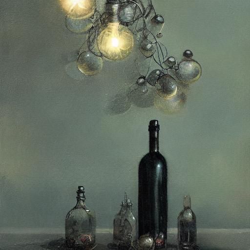 Light bulbs wine bottles spheres beads of black pearls
