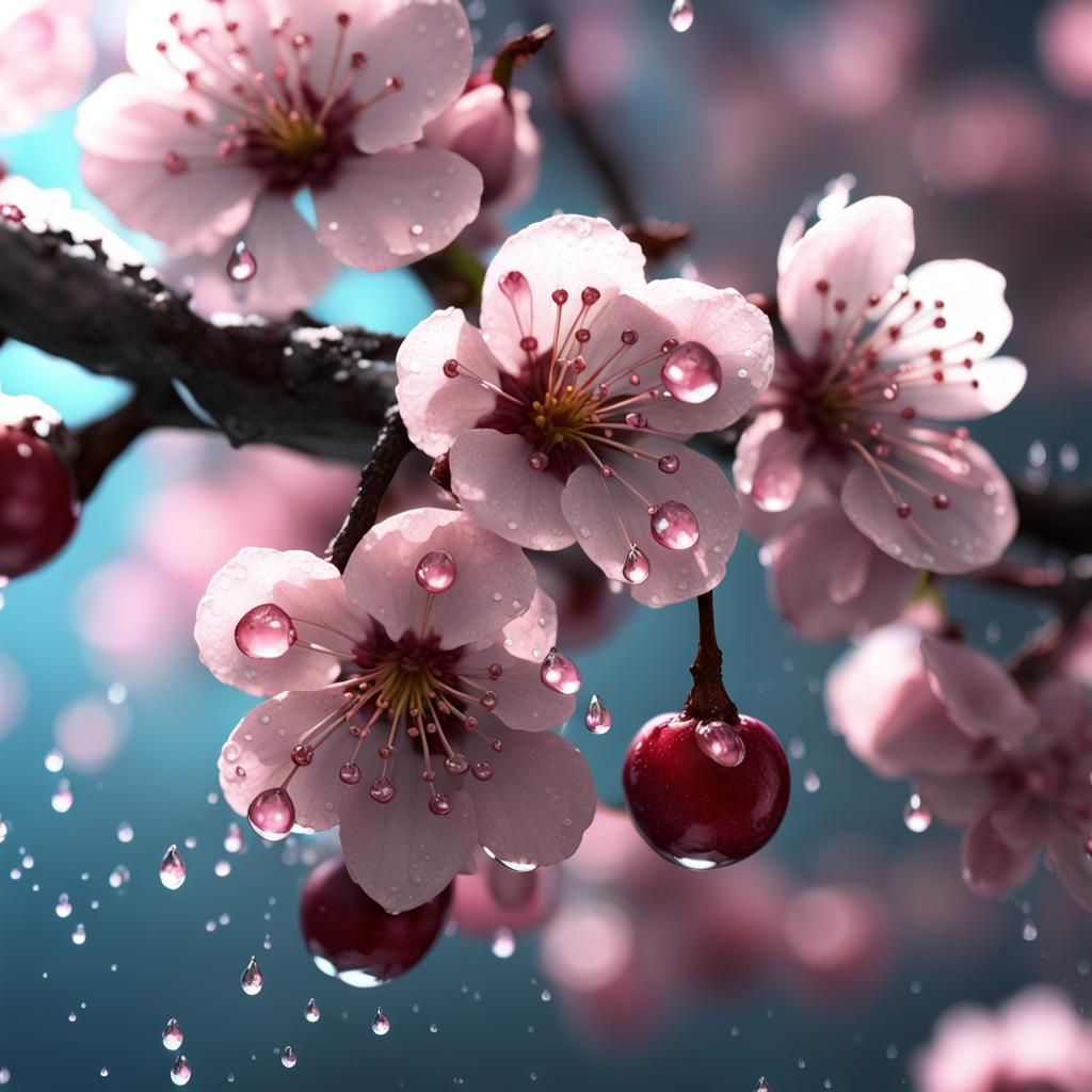 Detailed Cherry Blossoms with Water Droplets