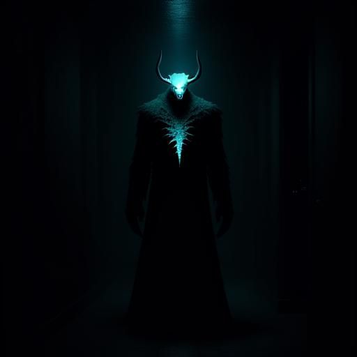 Cinematic Wendigo Towers Over Girl in Dark Hallway