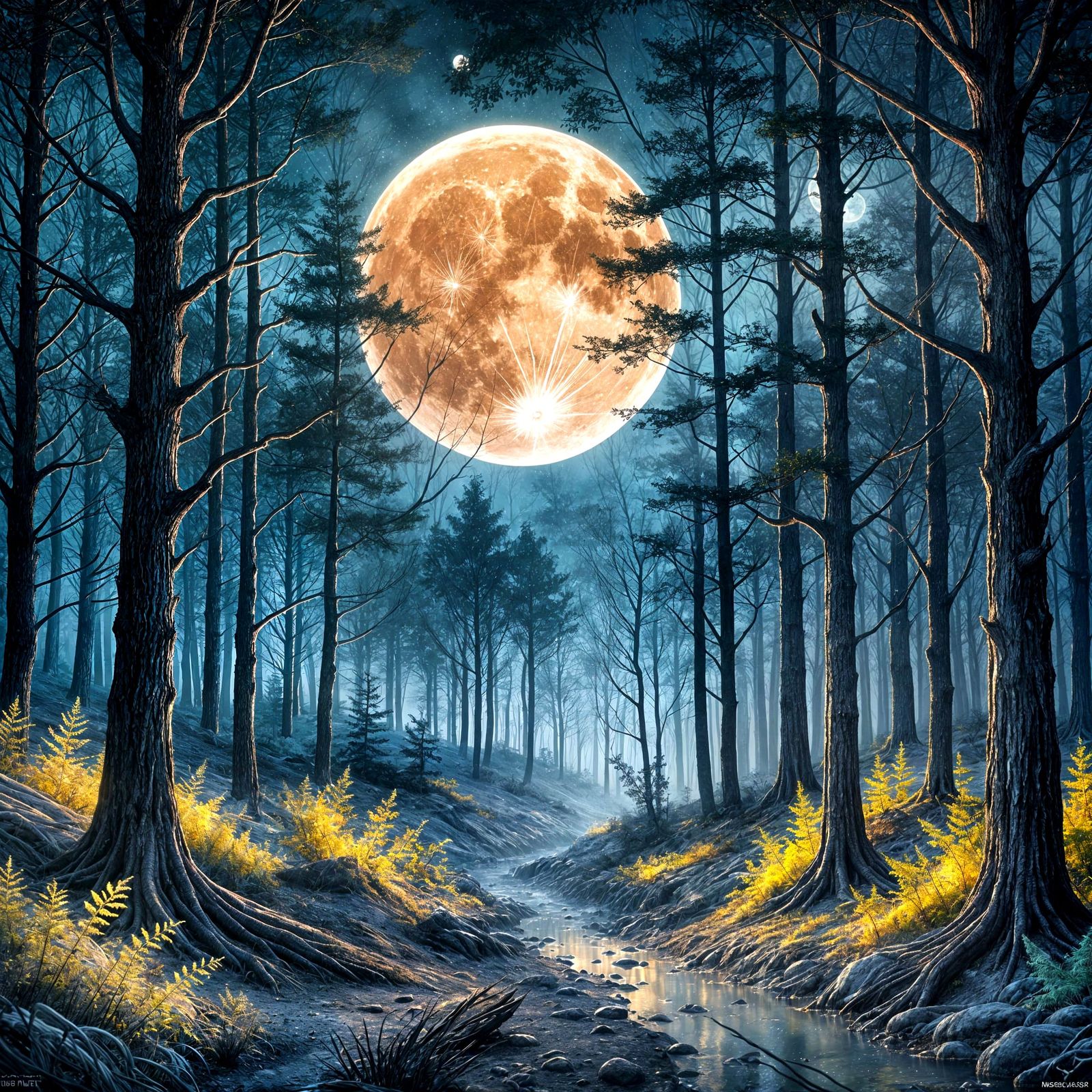 Monochromatic Moonlit Forest in Watercolor Style
