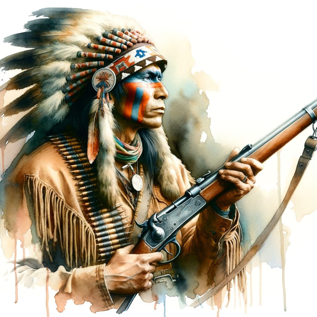 Northern Cheyenne Wolf Scout with Rifle in Watercolor