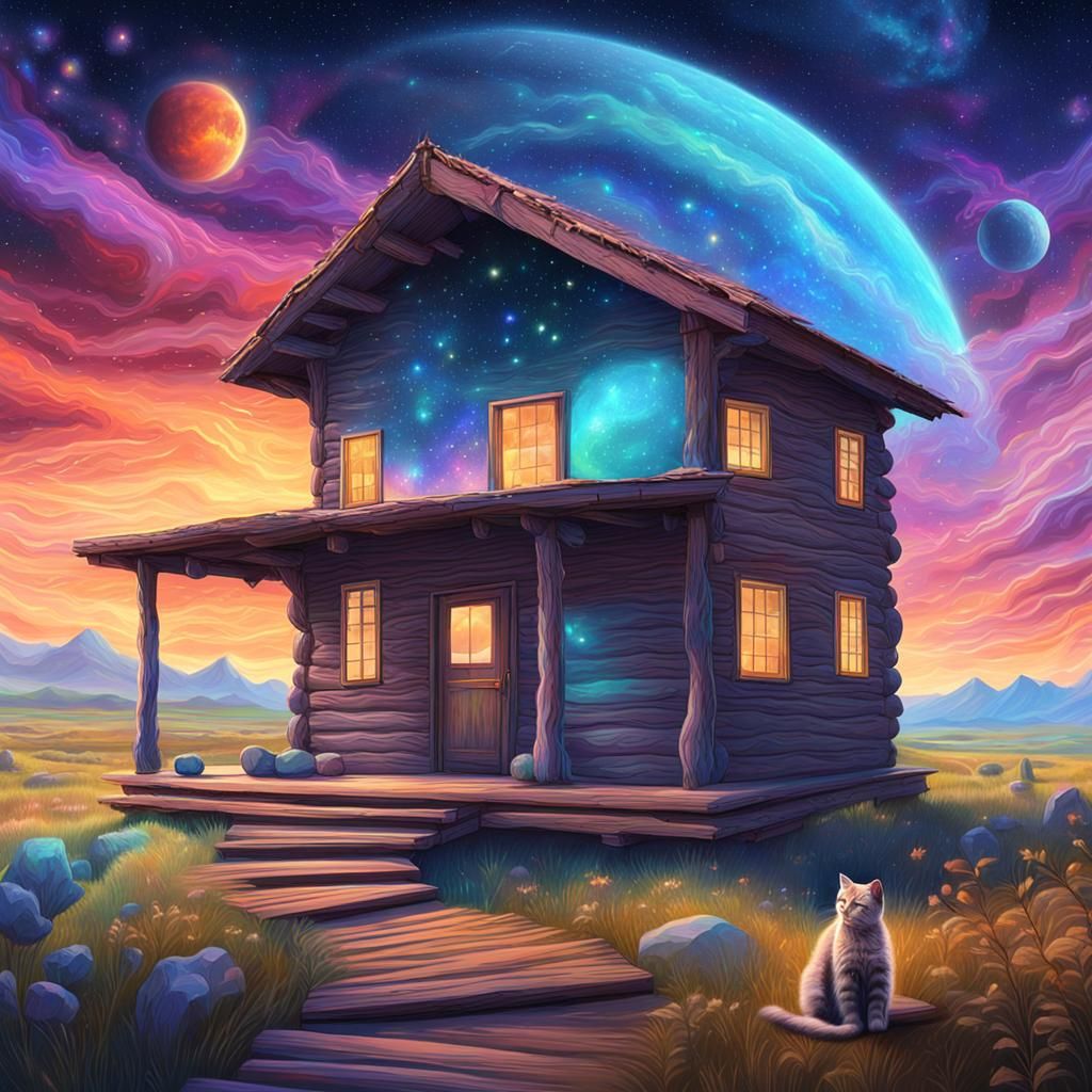 Cat on Porch in Vast Landscape, Astral Illustration