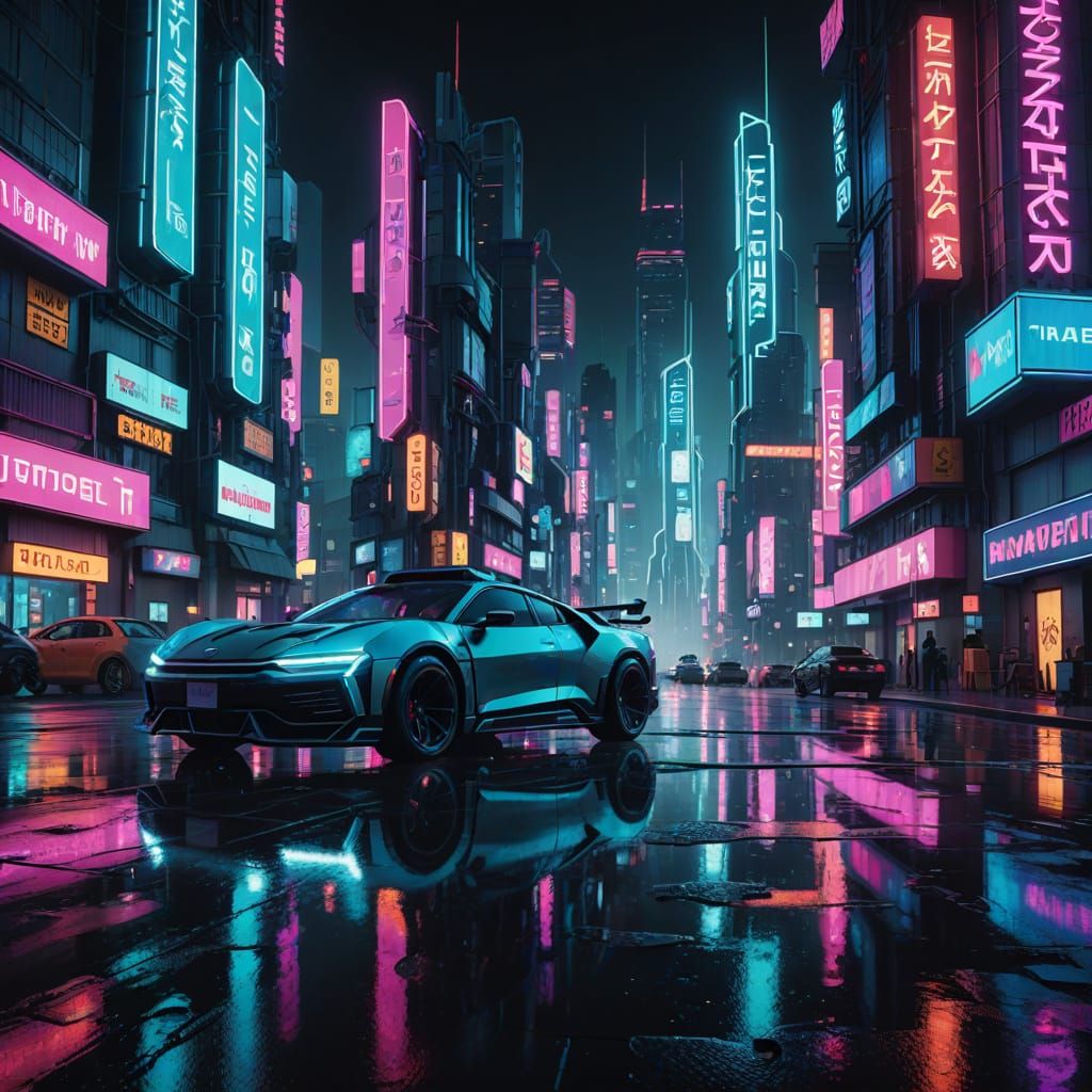 Cyberpunk Cityscape with Neon Lights and Sleek Cars