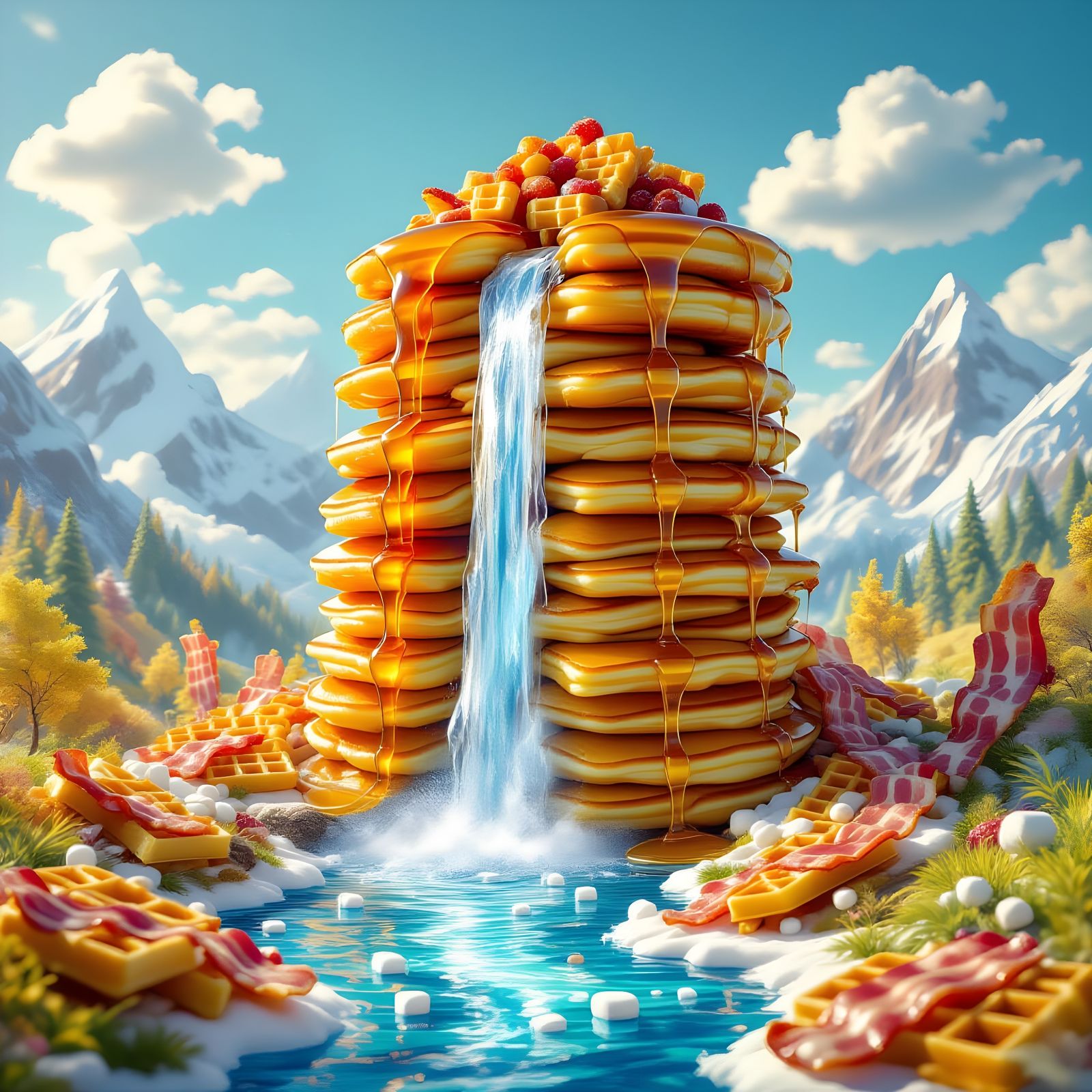 Maple Syrup Waterfall on Pancake Mountain in CGI Style