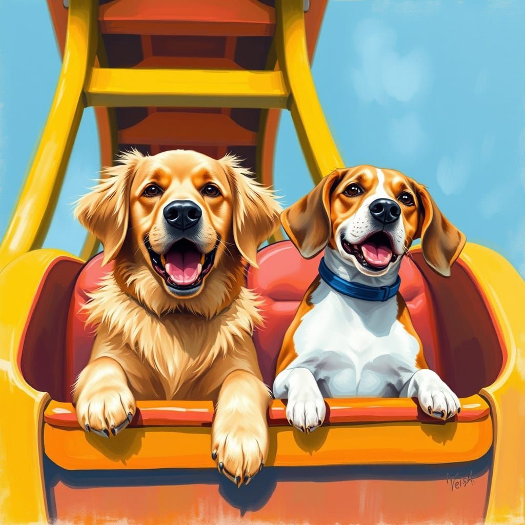 Dogs on Roller Coaster in Vibrant Art Style