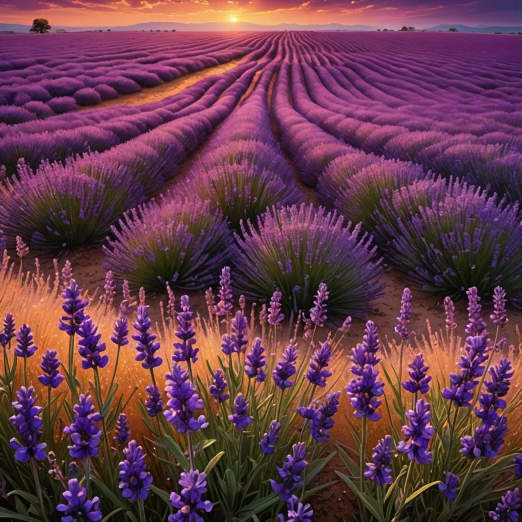 Vibrant Sunset Over Endless Lavender Fields in Magic Realism