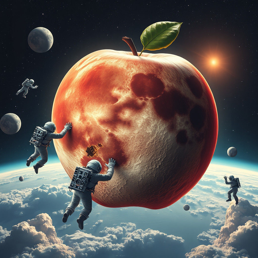 Astronauts Eating Apple Moon in Space