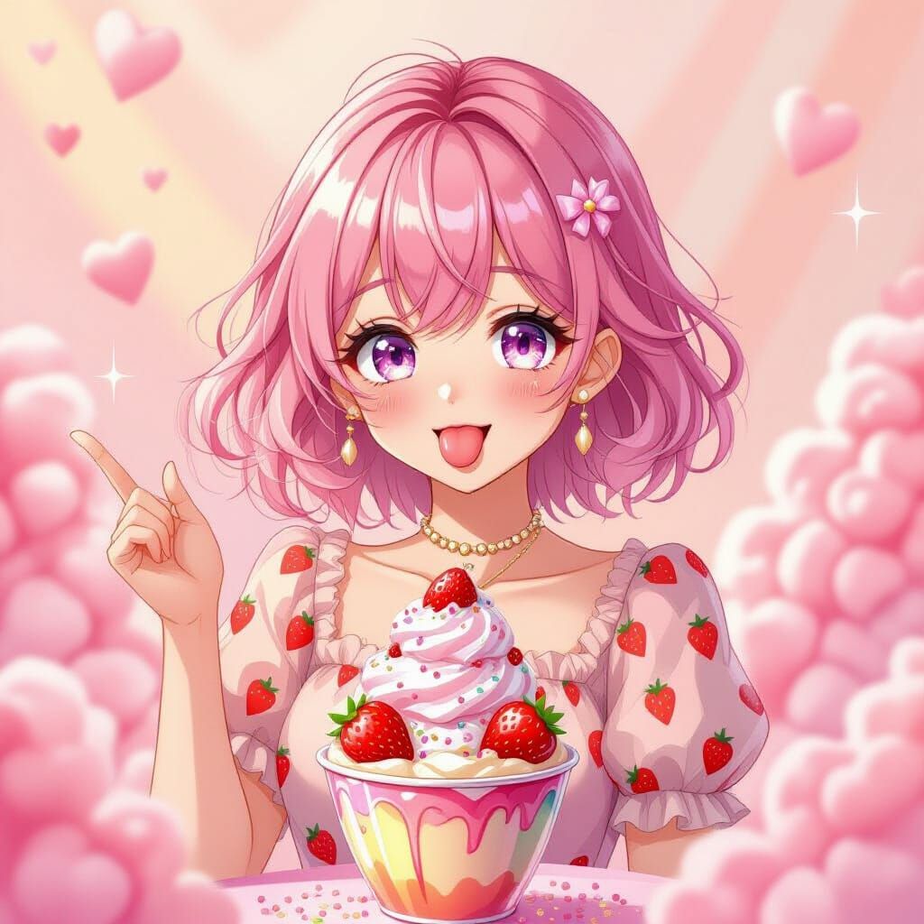 Anime Girl with Strawberry Sundae, Digital Art